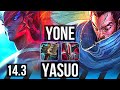 YONE vs YASUO (MID) | 600+ games, 11/2/3, Dominating, Rank 15 Yone | NA Challenger | 14.3