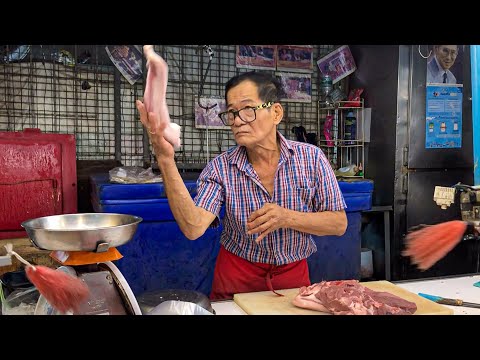 OLD MAN KNIFE SKILLS - SHOW CUTTING PORK MEAT - AMAZING CUTTING SKILLS