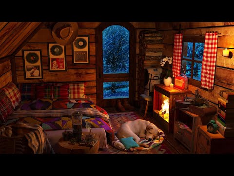 Relaxing Fireplace Sounds in a Cozy Winter Cabin | Dog Sleeping with Snowfall and Fireplace Sounds