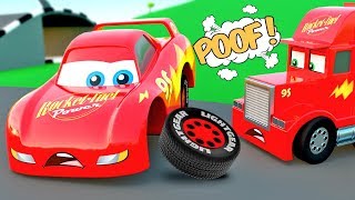 Car Stories McQueen Lost wheel in Cars factory, McQueen Car &amp; Mack truck assembling video