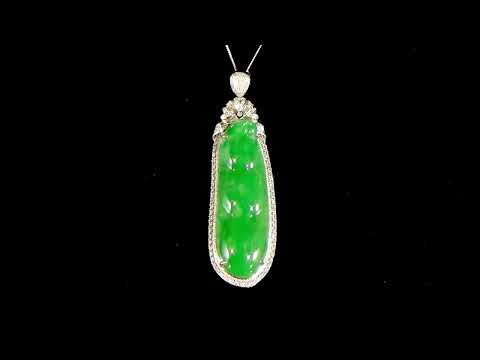 18k White Gold Natural Variegated Green Jadeite Peapod Carved Pendant