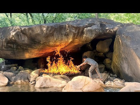 I Turned An Underground Stone Cave Into A Warm Survival Shelter With A Fireplace, Catch And Cook