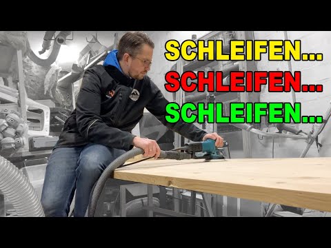 Wir schleifen eine riesen Schreibtischplatte ! Riesen Tischplatte selber bauen und schleifen ! Holz