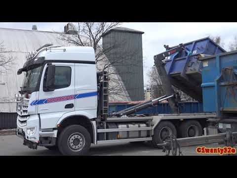 4K| Mercedes-Benz Arocs 3253 Hook Lift Loads Up A Container And Attaching A Trailer