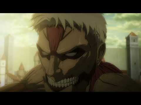 Eren's Titan hardened fists shatter the faceplate around the Armored Titan's head! - Attack on Titan