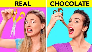 REAL VS CHOCOLATE FOOD CHALLENGE  Last To STOP Eat