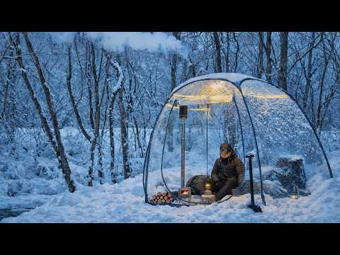 Transparent Hot Tent Camping in Snow Storm . Wood stove ASMR