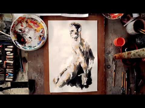 male figure study in mixed media on paper