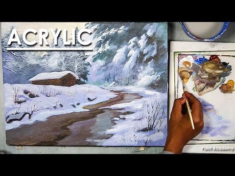 Snowy Winter Landscape Acrylic Painting step by step