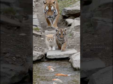 Tiger Cub Teaching a Kitten the Way of the Wild While Mom Watches Proudly