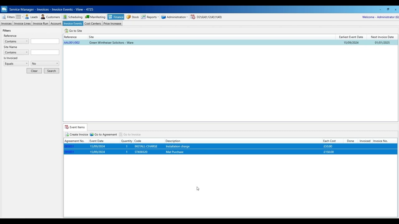 Creating manual invoice for invoice events