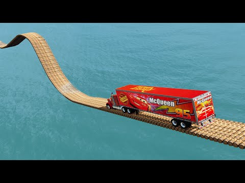 Mack Truck vs Impossible Log Wave Bridge Crossing Cars Vs Deep Water - BeamNG.Drive
