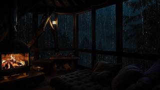 Rainy Forest Night with a Warm Fireplace | Peaceful Ambience for Rest and Calm