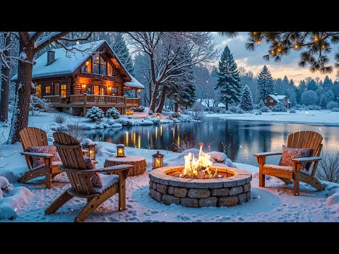 Relaxing Winter Snowfall by a Cozy Firepit ❄️🔥Soothing Piano Music Riverside Cabin Porch
