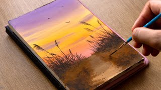 Drawing with Watercolor / Sunset Sky with Reeds Scenery / Easy Step by Step