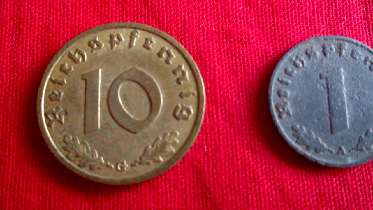 10 Reich pfennig of 1938 G and 1 Reich pfennig of 1943 A of Nazi German coins