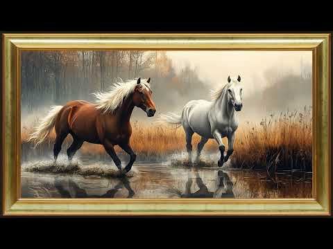 Galloping Horses in Autumn, Oil Painting | Rustic Vintage Gold Frame TV Art Screensaver