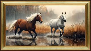 Galloping Horses in Autumn, Oil Painting | Rustic Vintage Gold Frame TV Art Screensaver