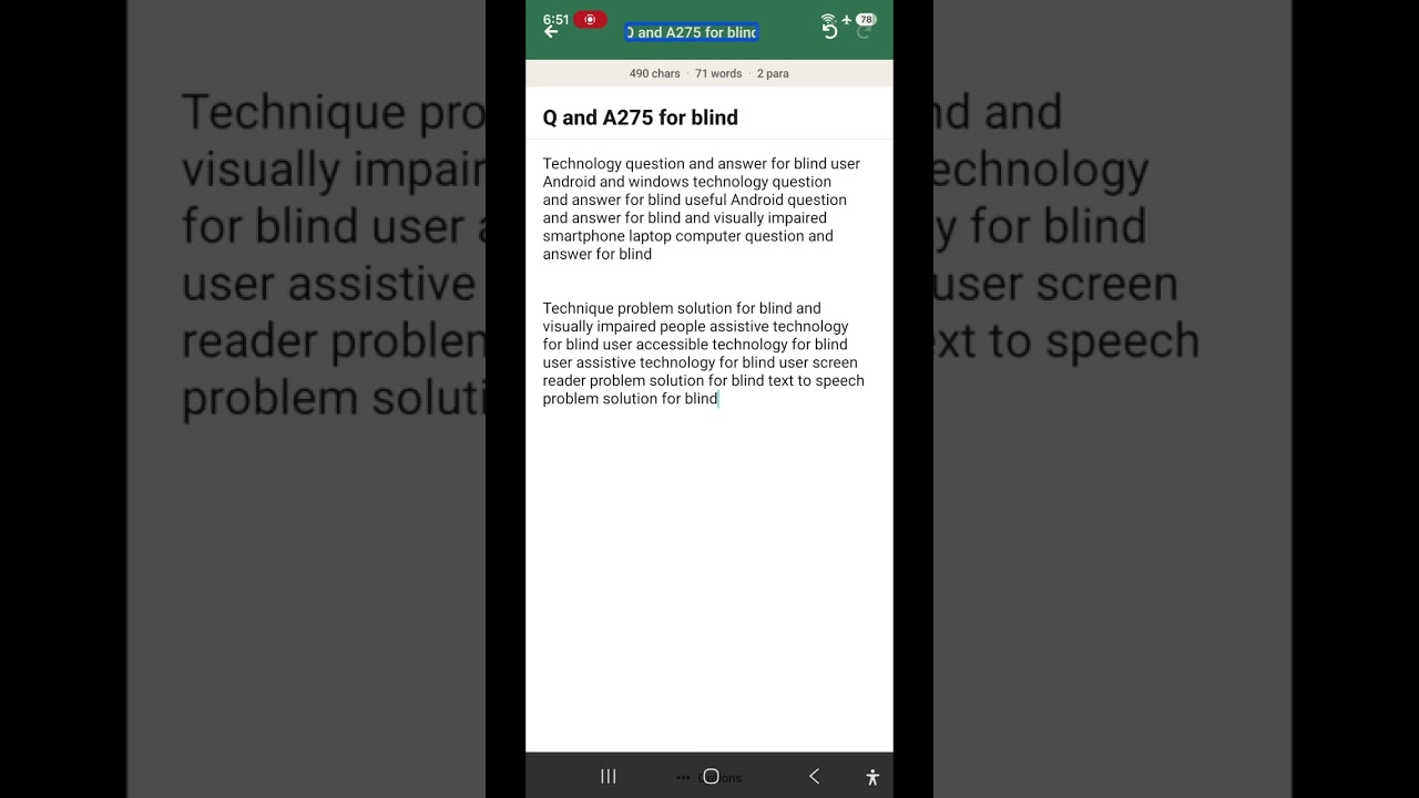 Q and A275 for blind TalkBack announcement text to speech problem solution Google Gemini 