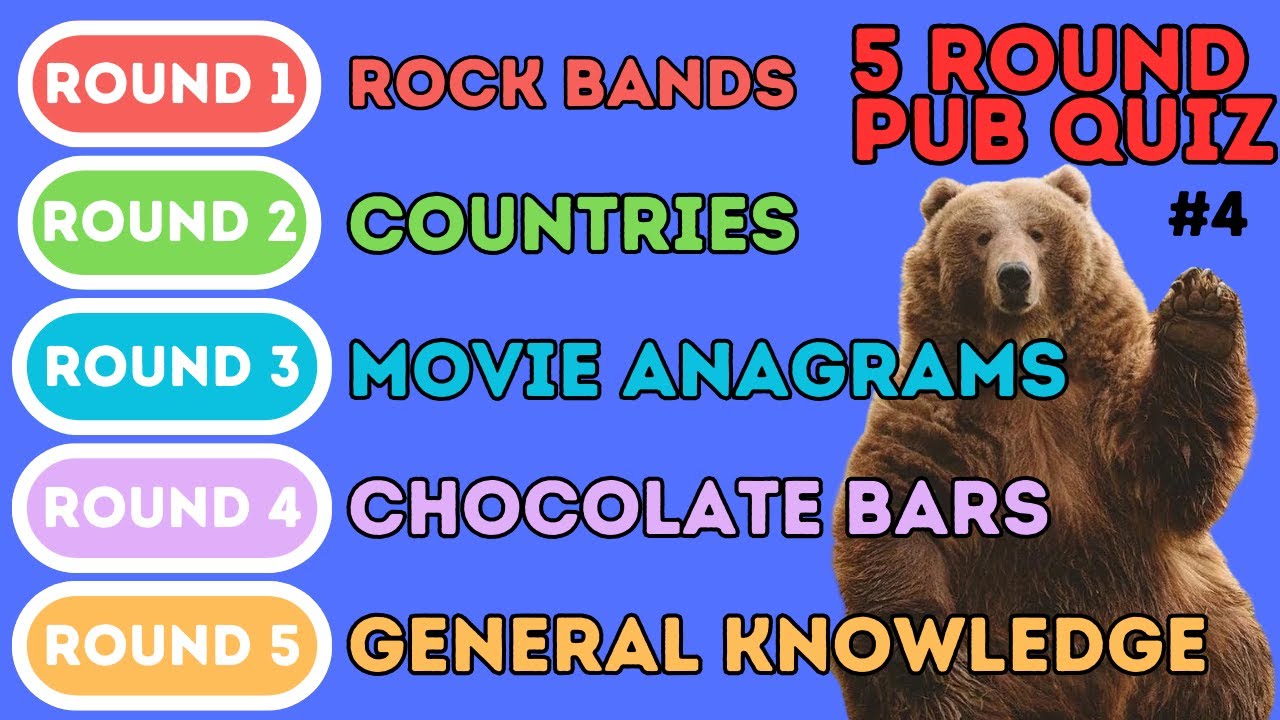 The 5 Round Pub Quiz | Rock Bands, Countries, Anagrams, Chocolate, General Knowledge (4)