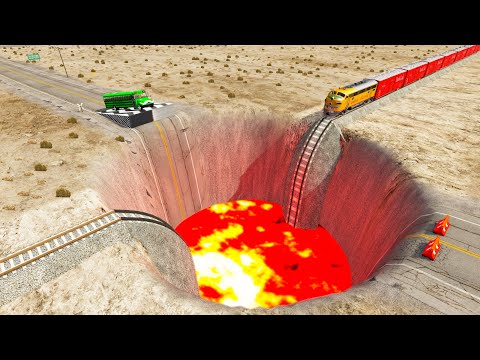 Trains vs Giant Pit Deep Lava - Cars vs Rails - BeamNG.Drive