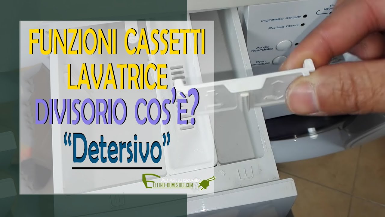 Funzionamento e simboli del cassetto del detersivo della lavatrice.