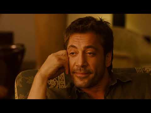 Official trailer frame: Vicky, Cristina, and Juan Antonio in sunlit Barcelona streets