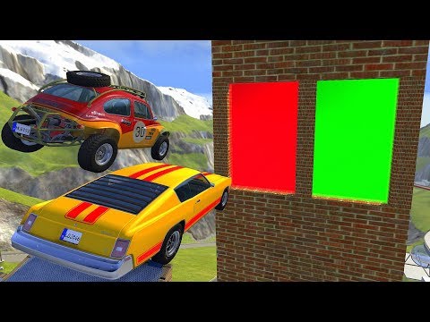 Crazy Vehicle High Speed Jumping through Green Or Red Slime Water Wall Crashes - BeamNG drive Jumps