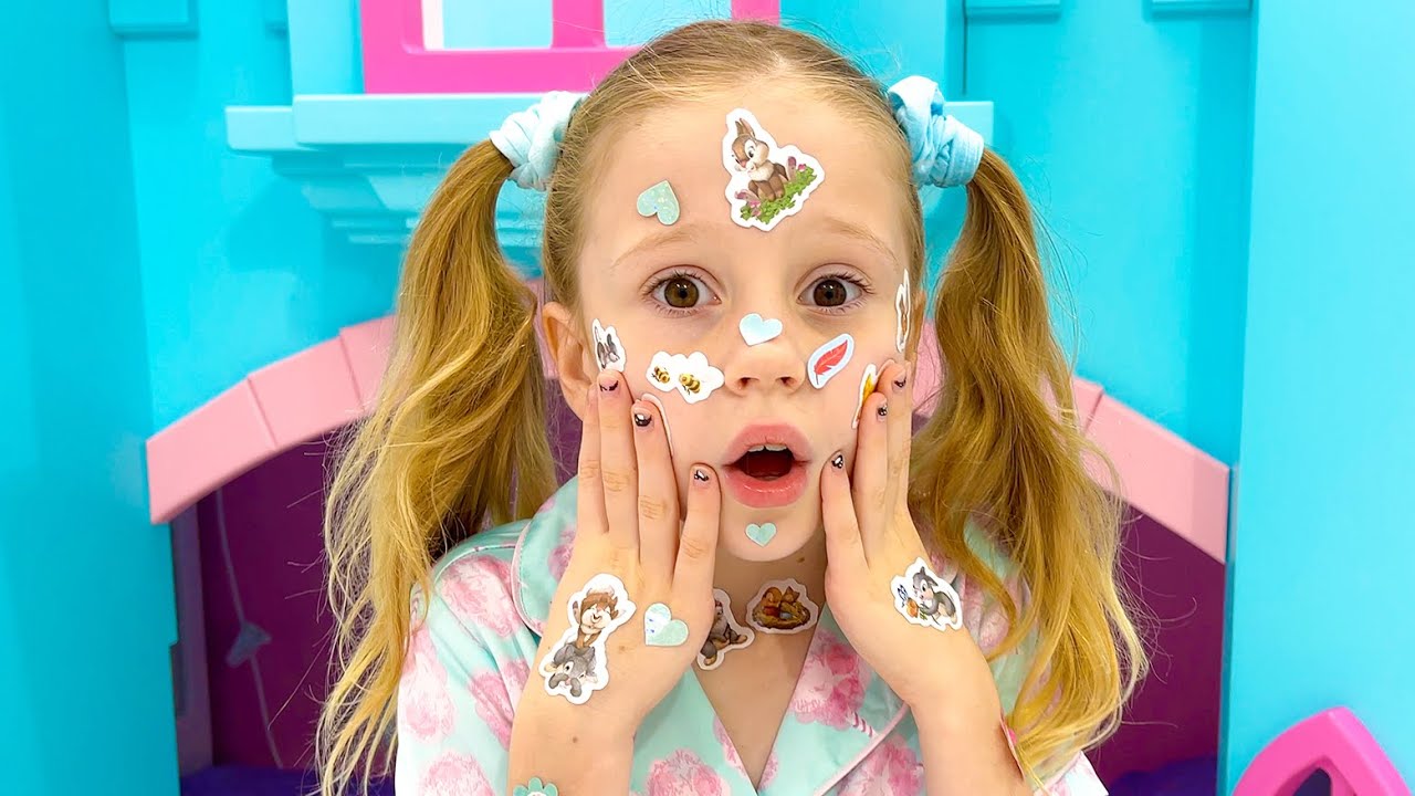 Настя идет к доктору папе. Nastya pretends that she has a sticker pox and goes to Dr Dad