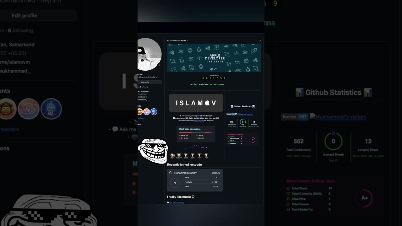 Top darajadagi GitHub profili README (2024) #github #githublearning #githubpages #githubreadme