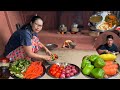 Nepali Cooking Capsicum Carrot Recipe Dal Eating With Rice In Rural Village Darjeeling