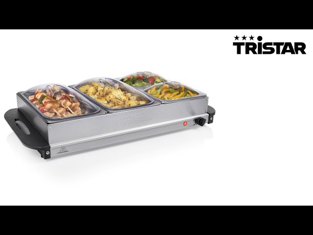 Vídeo relacionado con Tristar Calientaplatos Buffet de Acero Inoxidable para Fiestas y Buffets, 4,2 L, Termostato Ajustable, 3 Recipientes Calientaplatos, Función de Placa Calefactora, 200 W, Plateado, BP-6283