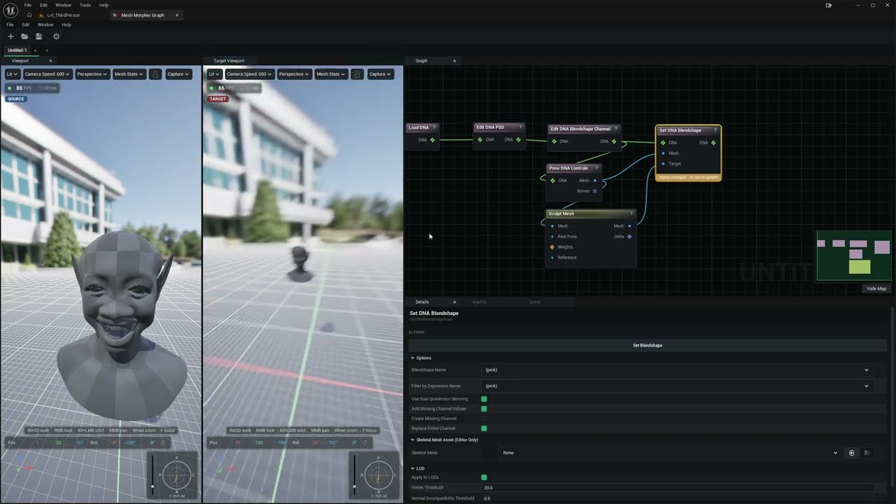 The full Mesh Morpher Graph: Load DNA into Edit DNA PSD into Edit DNA Blendshape Channel into Set DNA Blendshape, with Pose DNA Controls feeding Sculpt Mesh, and the posed MetaHuman head in the viewport