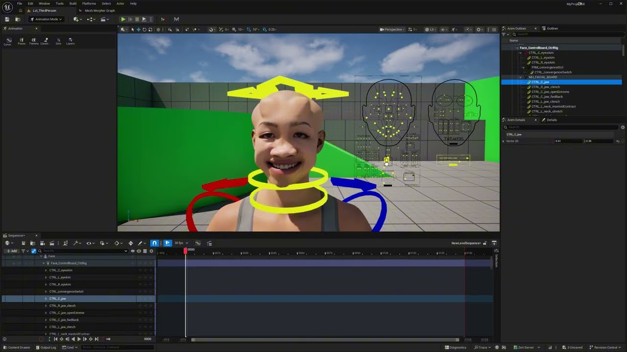 The finished MetaHuman in the Unreal Level Sequencer, posed from the Face_ControlBoard_CtrlRig with the jaw control selected