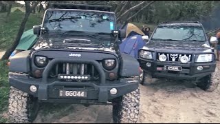 Jeep Wrangler JK and Toyota beach offroading and camping in Australia