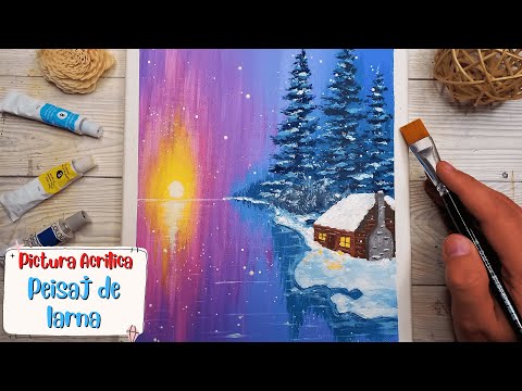 PEISAJ de IARNA 🌲 Pictura Usor de Pictat cu Culori Acrilice 🌲 Picteaza o Cabana langa padure si lac