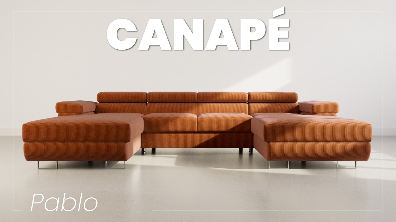 Thumbnail video of the produit Pablo - canapé panoramique en U - 7 places - convertible avec coffres et têtières réglables - en velours côtelé