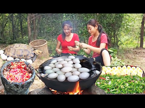 Adventure in forest, Meet the giant turtle, Cooking water spinach with egg and eat -Survival cooking