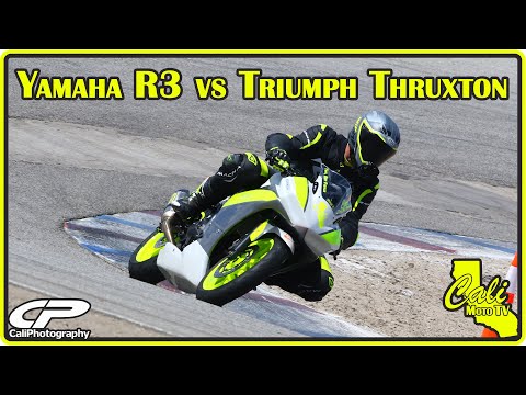 Yamaha R3 vs Triumph Thruxton at Buttonwillow Raceway