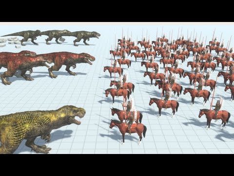 T-Rex Brothers vs 100 Ancient Humans Army Animal Revolt Battle Simulator