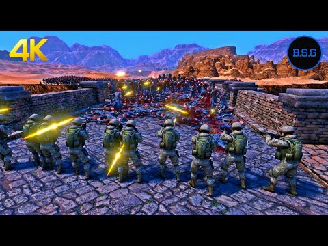100 Modern Soldiers stuck among zombies on a bridge  - Ultimate Epic Battle Simulator UEBS 4K Video