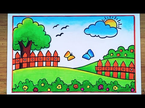 Beautiful Garden Drawing Easy/Garden Scenery Drawing/Flower Garden Scenery Drawing Easy