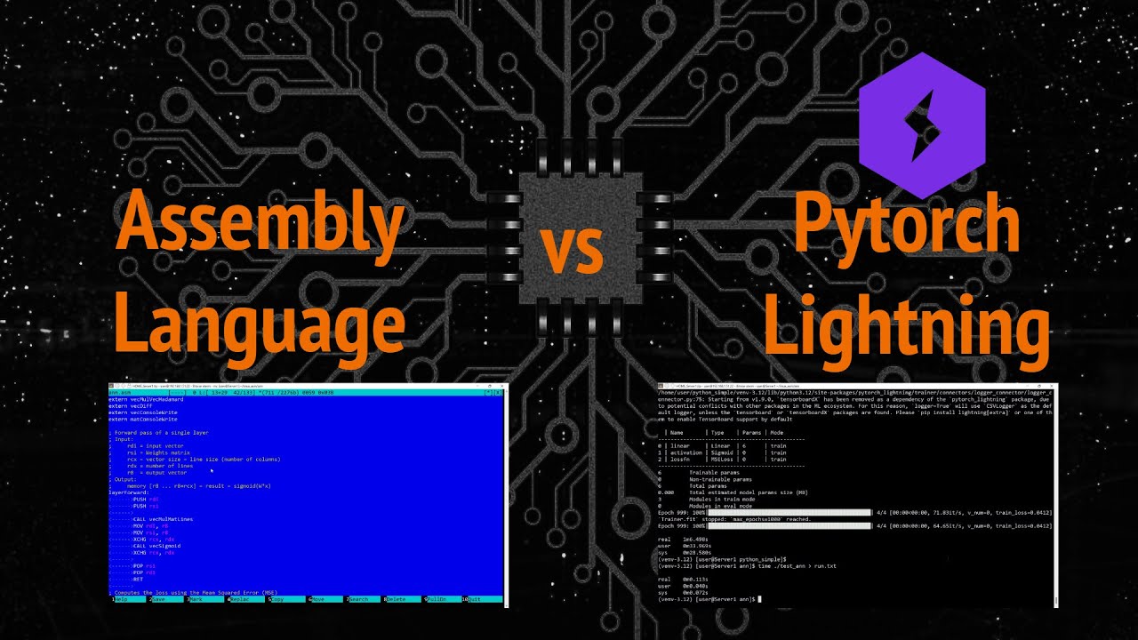 Assembly Language vs Pytorch Lightning simple neural network training time comparison