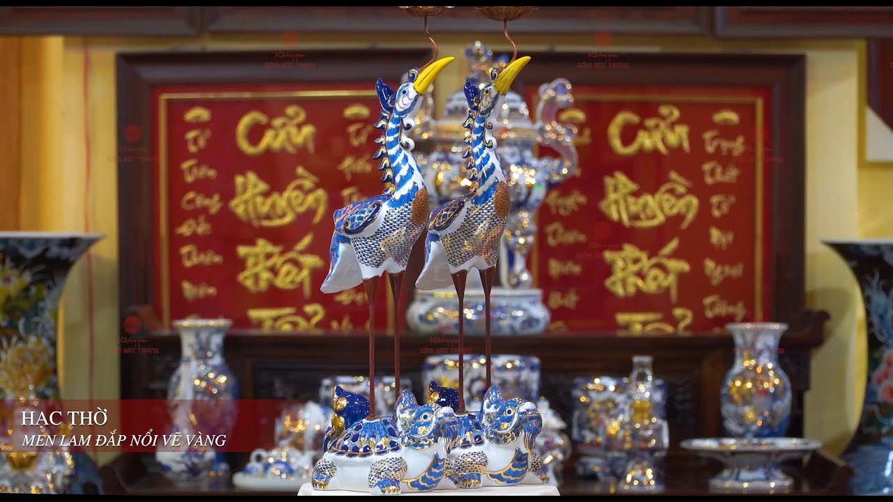 Hạc Thờ Xanh Men Lam Vẽ Vàng (Chiếc)