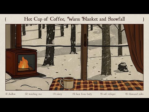 hot cup of coffee, warm blanket and snowfall in winter