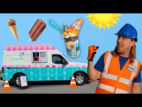 Bright, playful scene with a turquoise-pink ice cream truck, a worker in a safety vest, and oversized ice pops against a sunny blue sky.