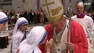 John Paul II greets and blesses Mother Teresa of Calcutta a few months before her death