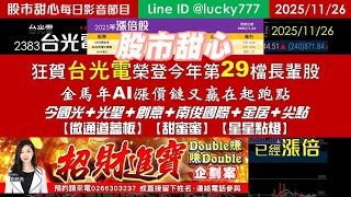 1126【甜心盤後影音】狂賀台光電榮登今年第29檔長輩股，金馬年AI漲價鏈又贏在起跑點！今國光．光聖．創意．南俊國際．金居．尖點．「甜蜜蜜．微通道蓋板．星星點燈」