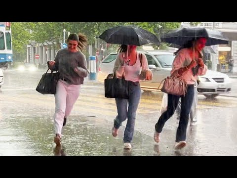 Zurich Storm Walk Heavy Rain 🌧 ☔️ Beautiful 4K Walking Tour Switzerland
