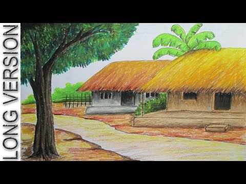 How to Draw Village Hut with Pastel Color LONG VERSION